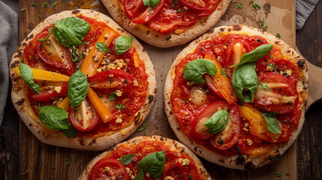 Pizze vegane rosse con pomodoro e verdure